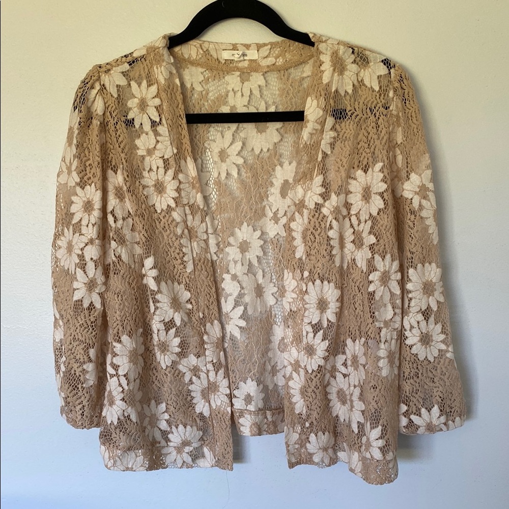 Beige Crochet Floral Lace Open Cardigan